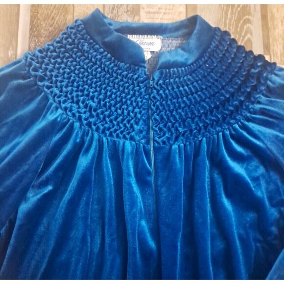 Womens Vintage Velour Robe Housecoat Blue Ultra Soft 3/4 Zip Pocket USA Made S - Picture 3 of 6